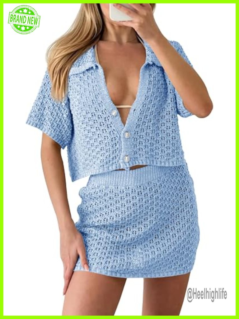 Crochet Knit Beach Cover Up 2 Piece Set Crop Top Mini Skirt